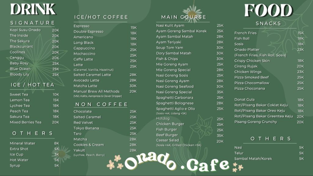 Menu Onado Cafe dan Harga